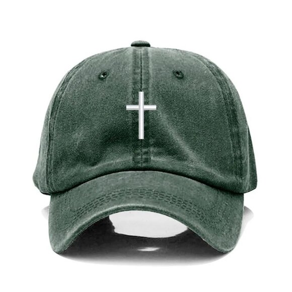 Green Cross Embroidered Christian Baseball Cap, Washed, Adjustable Hat, Jesus - Picture 2 of 2